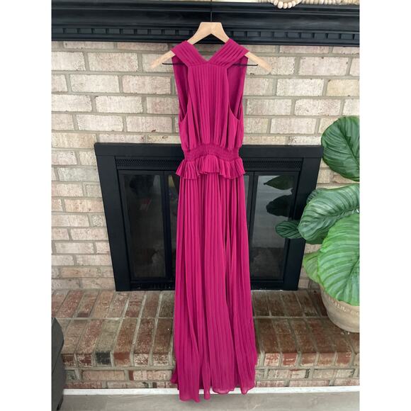 French Connection Shelby Plunge V Neck Maxi Dress Size 0 Pink Ruffle Waist - Picture 7 of 10